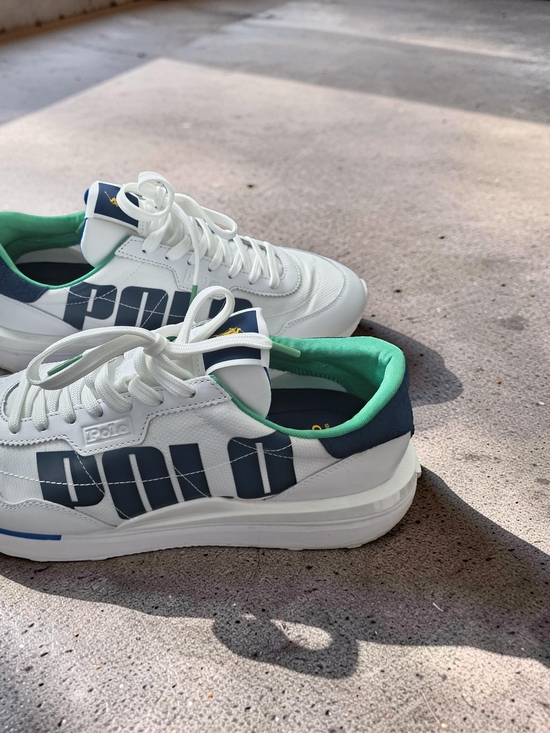 Polo by Ralph Lauren White Sneakers with Navy Panels and Green Lining